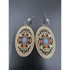 Beautiful boho artisan-look dangle earrings- blue/ coral in gold tone filigree